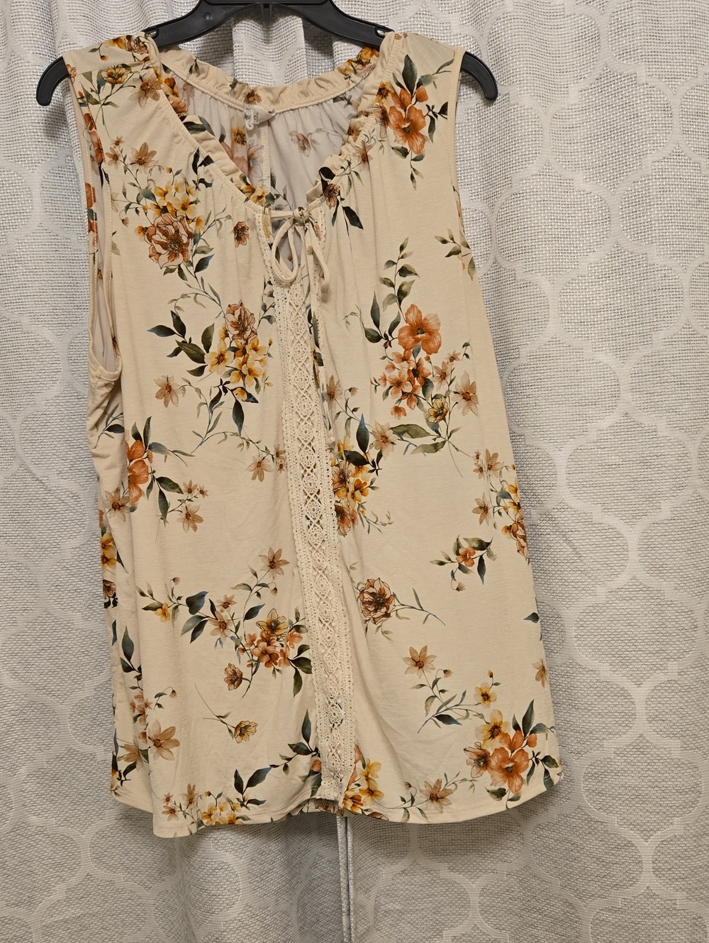 Sleeveless Cream Floral Lace-Trim Women's Top